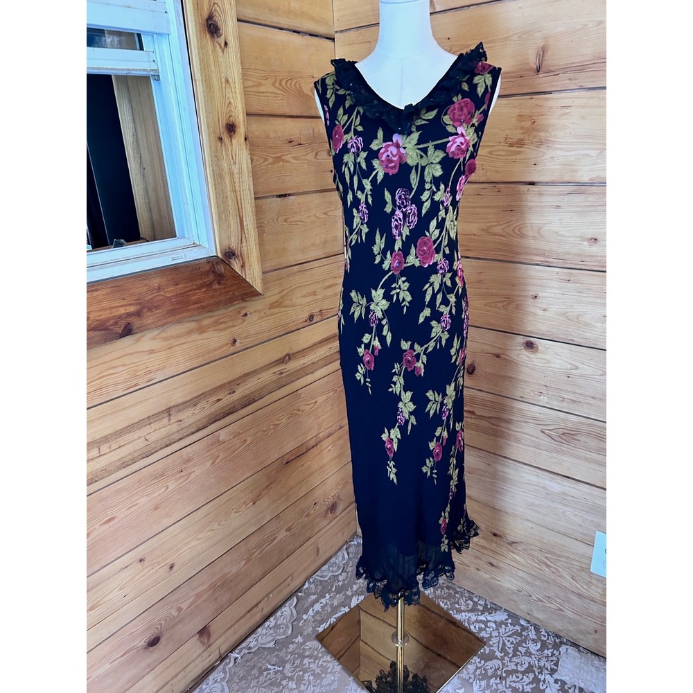 Vintage Maxi Dress Womens 14 Petite Black Floral Beaded Lace Jessica McClintock‎